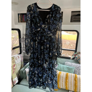 Lulus Long Sleeve Dress Black with Blue Floral